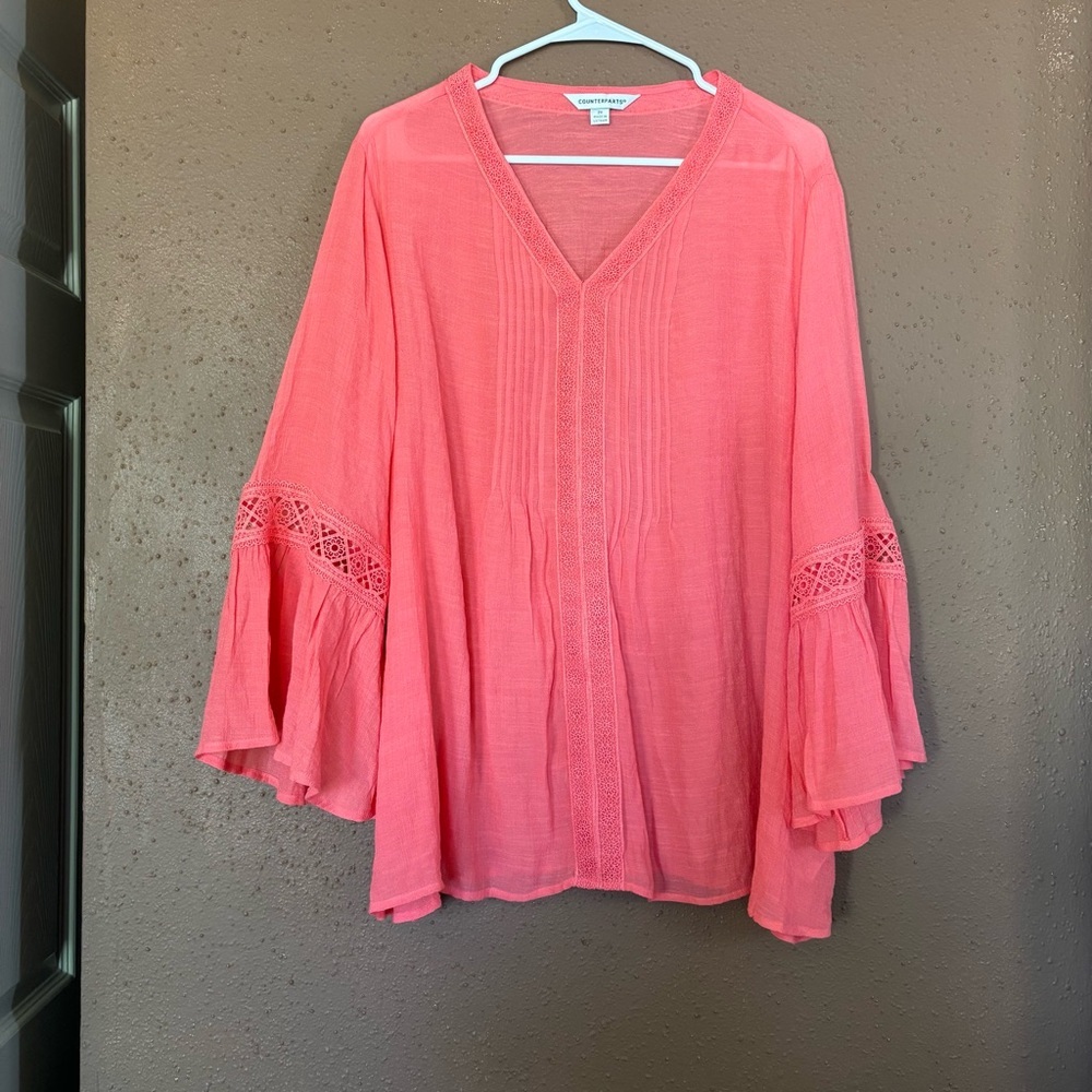 Counterparts Coral Pink Crochet Lace Pintuck Bell Sleeve Blouse 2X
